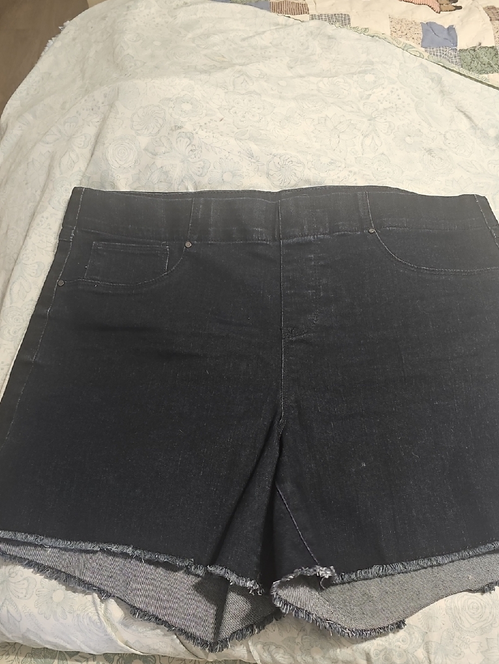 High-Rise Blue Denim Frayed Hem Shorts